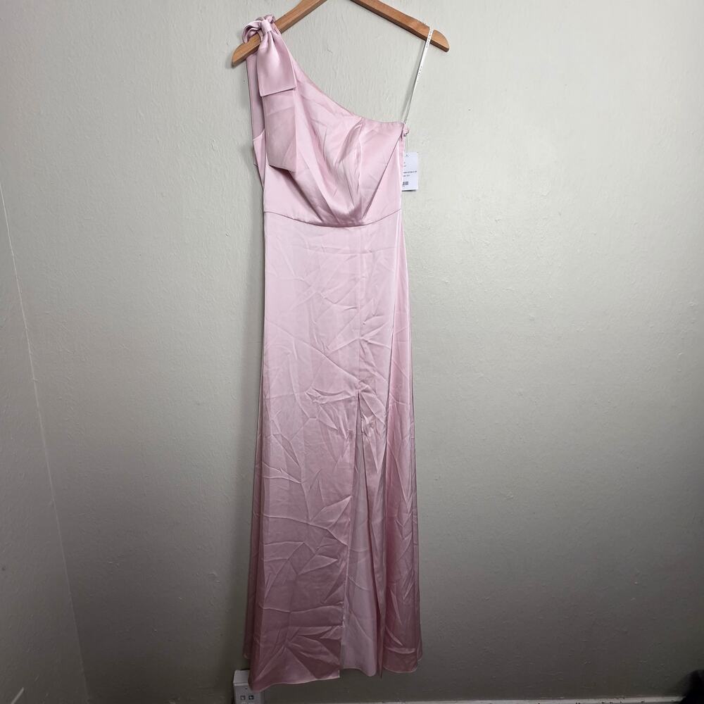 NWT After Six Bow One Shoulder Fluid Satin Maxi Dress Full Skirt Ballet Pink XS - Picture 4 of 14